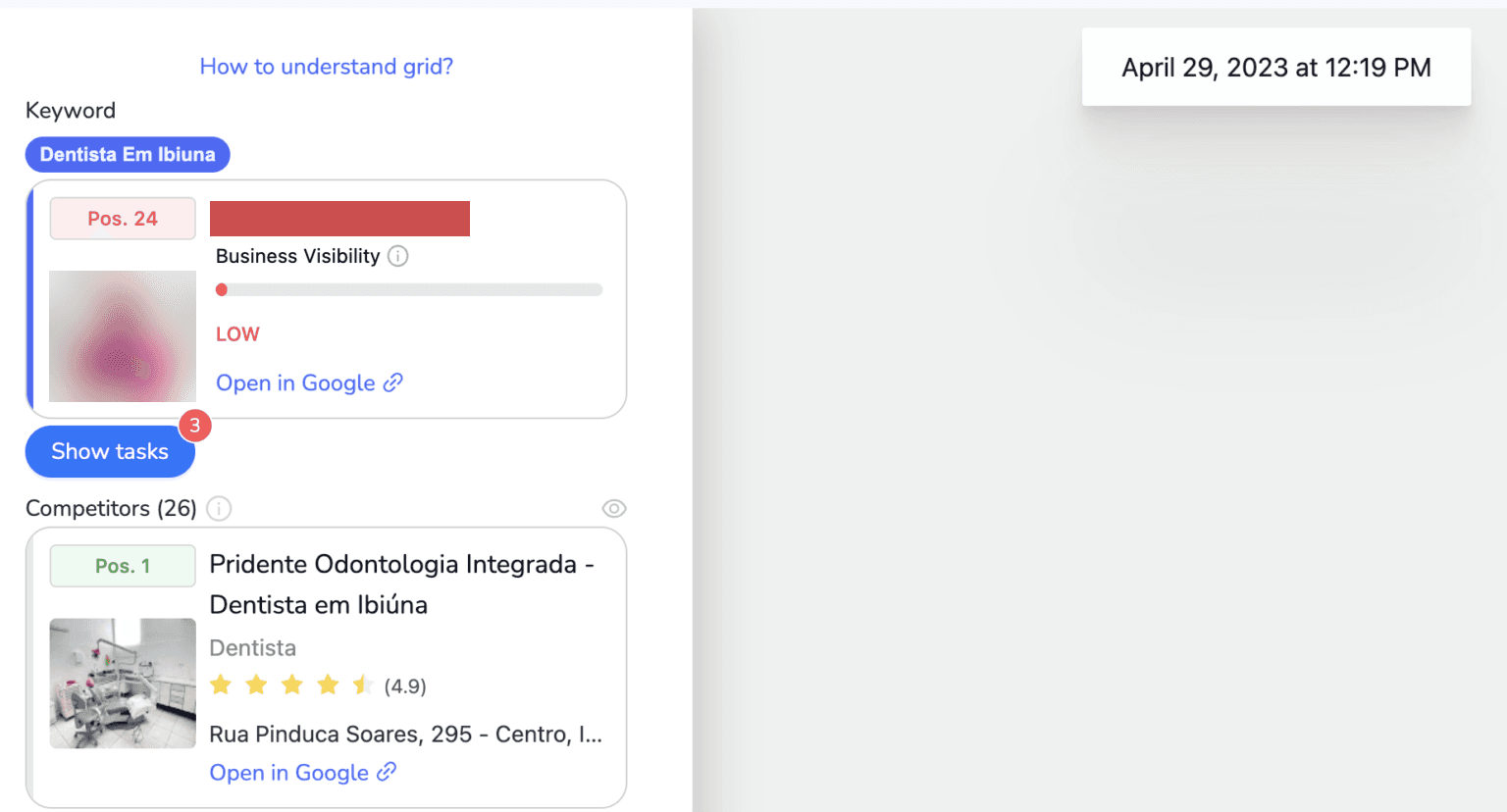Mapa de posicionamento no Google Meu Negócio — Antes · abr/2023, Posição 24